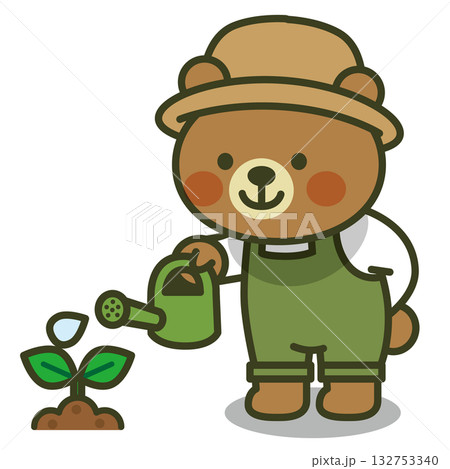 双葉の苗にじょうろで水をあげるくまちゃんのイラスト（植物・成長・かわいい動物） 132753340