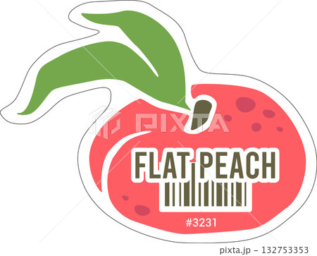 Farm Produce Adhesive Label in shape of Flat Peach. Advertising Vector Tag with White Borders Isolat Farm Produce Adhesive Label in shape of Flat Peach. Advertising Vector Tag with White Borders Isolat 132753353