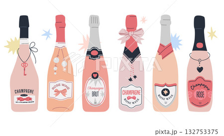 Champagne Rose Wine Bottles with Jewelry and Bows Modern Vintage Vector Isolated 132753375