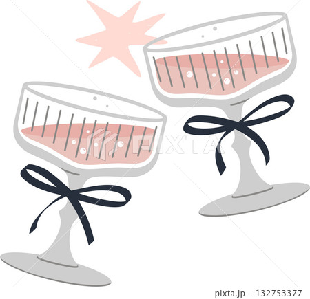 Coupe Glasses with Black Bow Knots Clinking Champagne or Prosecco Vintage Glassware Vector 132753377
