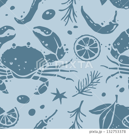 Crab and Lemon Silhouettes with Chili Pepper Blue Seamless Pattern Vector Design 132753378