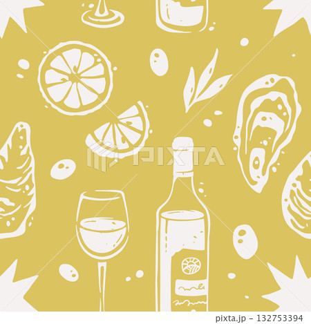 Wine Bottle Wine Glass and Oysters Silhouettes on Yellow Background Seamless Vector Wine Bottle Wine Glass and Oysters Silhouettes on Yellow Background Seamless Vector 132753394