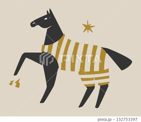 Black horse in a striped suit stamping its hoof. Naive style steed in flat vector style Black horse in a striped suit stamping its hoof. Naive style steed in flat vector style 132753397