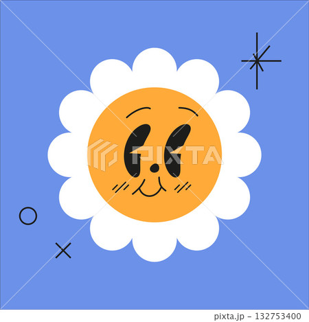 Daisy flower face. Flower motivation smiley for kids. Vintage sticker of floral emoticon 132753400