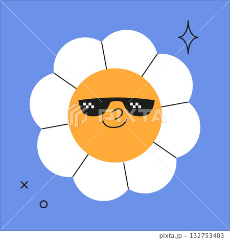 Daisy flower in sunglasses with succeded face expression. Groovy floral emoji character with winner Daisy flower in sunglasses with succeded face expression. Groovy floral emoji character with winner 132753403