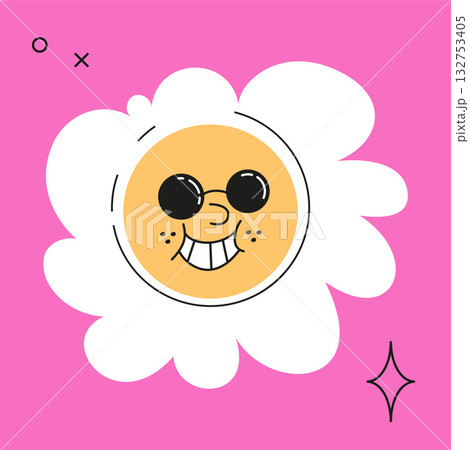 Daisy flower with cartoon funny smiling face in sunglasses. Cute chamomile happy emotion 132753405