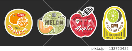 Oranges melon apple and kiwi fruit sticker set. Labels with barcodes Oranges melon apple and kiwi fruit sticker set. Labels with barcodes 132753425
