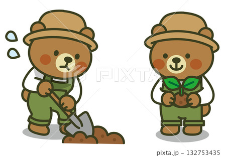 スコップで穴を掘るくまちゃんと苗を持って見守るくまちゃんのイラスト(植物・成長・かわいい動物) スコップで穴を掘るくまちゃんと苗を持って見守るくまちゃんのイラスト(植物・成長・かわいい動物) 132753435
