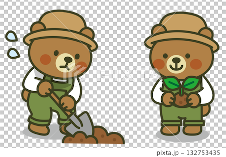 スコップで穴を掘るくまちゃんと苗を持って見守るくまちゃんのイラスト(植物・成長・かわいい動物) スコップで穴を掘るくまちゃんと苗を持って見守るくまちゃんのイラスト(植物・成長・かわいい動物) 132753435