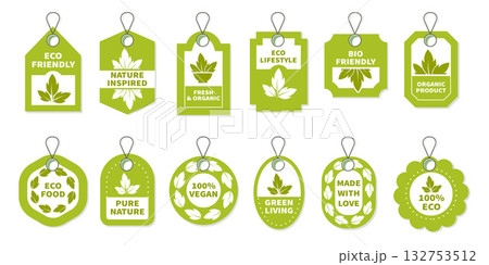 Eco Labels and Tags with Leaf Icons. Organic, Vegan, Natural, and Bio Design Vector illustration Set Eco Labels and Tags with Leaf Icons. Organic, Vegan, Natural, and Bio Design Vector illustration Set 132753512