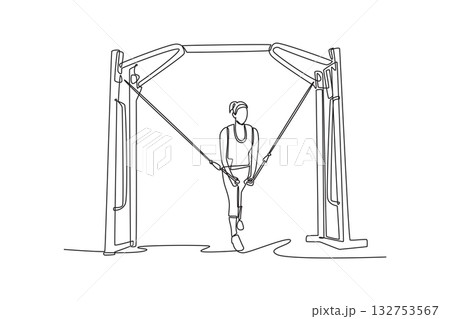 Single one line drawing woman is performing cable crossover exercise on cable machine, focused chest, arm strength, disciplined fitness workout. Continuous line draw design graphic vector illustration Single one line drawing woman is performing cable crossover exercise on cable machine, focused chest, arm strength, disciplined fitness workout. Continuous line draw design graphic vector illustration 132753567