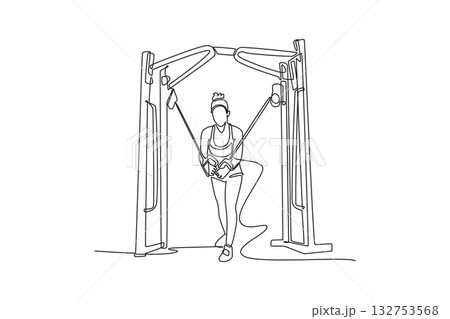 Single continuous line drawing woman is performing cable crossover exercise on cable machine, focused chest, arm strength, disciplined fitness workout. One line draw graphic design vector illustration Single continuous line drawing woman is performing cable crossover exercise on cable machine, focused chest, arm strength, disciplined fitness workout. One line draw graphic design vector illustration 132753568