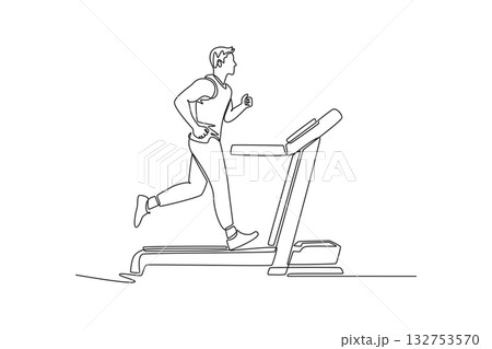 Single one line drawing young man is intensely running on treadmill, mid-stride and focused, cardiovascular endurance, dynamic fitness training. Continuous line draw design graphic vector illustration 132753570