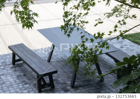 屋外に設置されたテーブルと木製の椅子 屋外に設置されたテーブルと木製の椅子 132753665