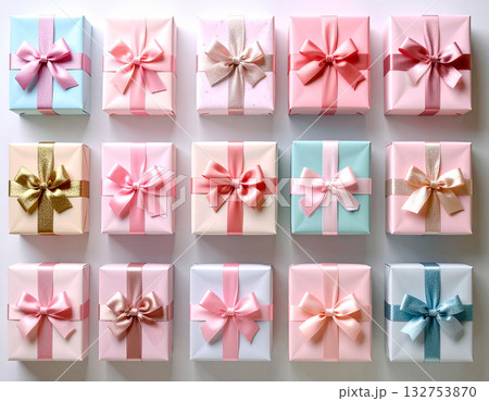 Holiday packaging. Gift boxes in pastel colors. Celebration, birthdays, Christmas and branding. Packaging. Top view. 132753870