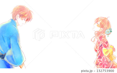 幸せそうな向かい合う男女　浴衣　余白 132753900