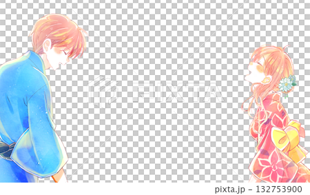 幸せそうな向かい合う男女　浴衣　余白 132753900