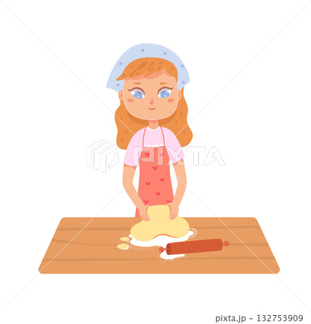 Girl kneading dough with hands, funny female baker in apron making dough for bread Girl kneading dough with hands, funny female baker in apron making dough for bread 132753909