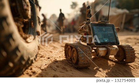 Military robot exploring a dusty desert landscape, providing surveillance and reconnaissance with advanced AI technology, supporting security operations and future warfare strategy 132754005