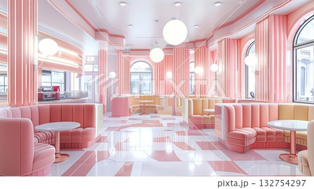 Modern, Pink-Themed Cafe Interior Design with Globe Lights and Circular Booth Seating 132754297