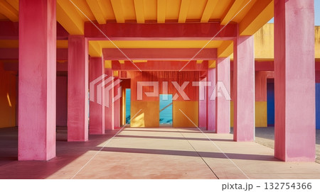 Colorful Corridor with Sunlight and Shadows, Modern Abstract, Pink Yellow, Geometric Design Colorful Corridor with Sunlight and Shadows, Modern Abstract, Pink Yellow, Geometric Design 132754366