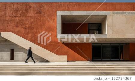 Modern Architecture Minimalist Building Facade with Striking Red Wall and Geometric Design Modern Architecture Minimalist Building Facade with Striking Red Wall and Geometric Design 132754367