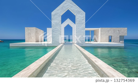 Modern White Architecture with Geometric Arches and Water Feature on a Tropical Island. 132754369
