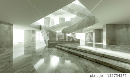 Modern Architecture Interior with Concrete Staircase, Abstract Minimalist Building Design 132754375