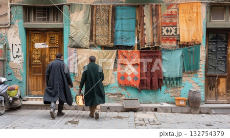 Two Men Walk Past a Vibrant Shopfront with Traditional Rugs Displayed in a Historic City. 132754379