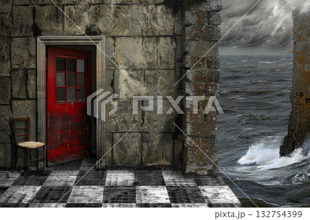 Open Red Door to Stormy Sea, Checkerboard Floor, and Dramatic Sky A Surreal and Ethereal Landscape 132754399