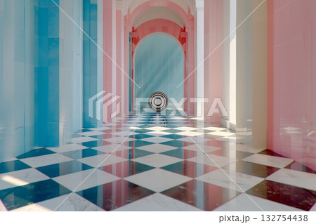 Optical Illusion Corridors with Checkboard Floors and Colorful Geometric Patterns in Fantasy Design 132754438