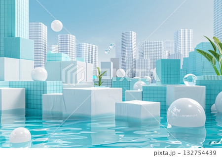 Futuristic Cityscape Featuring Floating Platforms, Spheres, and Geometric Designs in Serene Palette. Futuristic Cityscape Featuring Floating Platforms, Spheres, and Geometric Designs in Serene Palette. 132754439