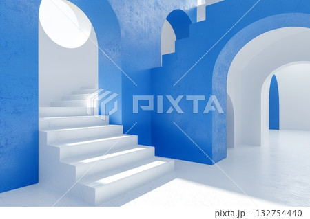 Elegant Minimalist Architecture with White Steps and Blue Arches in a Harmonious Santorini Scene Elegant Minimalist Architecture with White Steps and Blue Arches in a Harmonious Santorini Scene 132754440