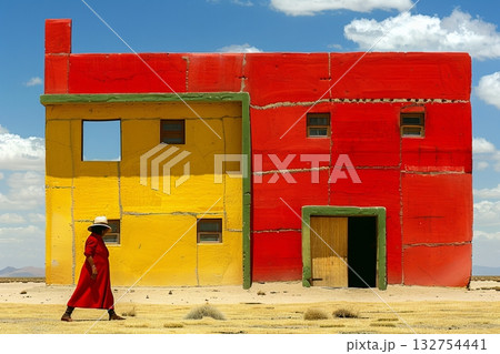 Vibrant African Building Under a Clear Blue Sky in a Serene Summer Landscape of Shapes 132754441