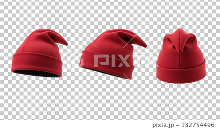 Red gnome or elf beanie hat with pointed top in three different views for fantasy costume 132754496