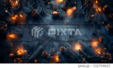 A Christmas background of deep dark blue color made of boards, surrounded by a glowing Christmas tree garland and pine branches with cones, a space for text, top view, flat lay. A Christmas background of deep dark blue color made of boards, surrounded by a glowing Christmas tree garland and pine branches with cones, a space for text, top view, flat lay. 132754625