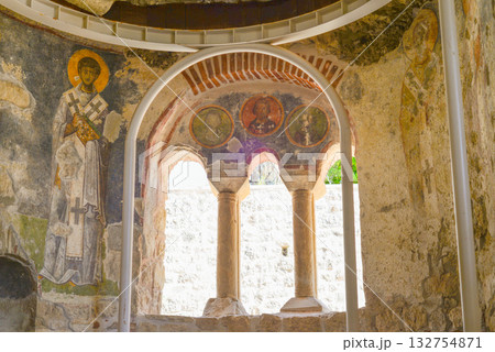 Medieval frescos in the St. Nicholas church in Myra. Demre, Antalya, Turkey. Byzantine wall-painting. History of religion and art concept. Medieval frescos in the St. Nicholas church in Myra. Demre, Antalya, Turkey. Byzantine wall-painting. History of religion and art concept. 132754871
