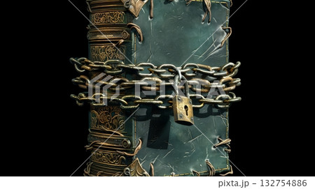 3d visual of a book bound by a chain with a lock set against a black studio background 3d visual of a book bound by a chain with a lock set against a black studio background 132754886