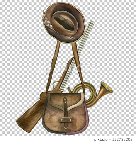 Hunting composition. Hunting bag, rifle, hat, bugle. Watercolor illustrations. Hand-drawn. Isolated on a white background. For cards, scrapbooking and printing Hunting composition. Hunting bag, rifle, hat, bugle. Watercolor illustrations. Hand-drawn. Isolated on a white background. For cards, scrapbooking and printing 132755208