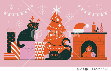 Christmas Scene with Two Cats and Fireplace 132755378
