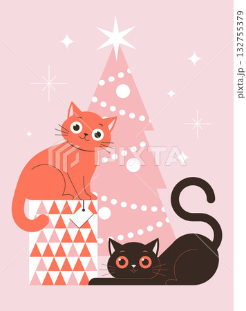 Christmas and New Year Greeting Card with Cats Christmas and New Year Greeting Card with Cats 132755379