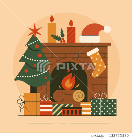 Cozy Christmas Fireplace Scene with Christmas Tree Cozy Christmas Fireplace Scene with Christmas Tree 132755380