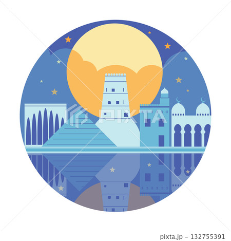 Circle Icon with Arabian Night Scene Circle Icon with Arabian Night Scene 132755391