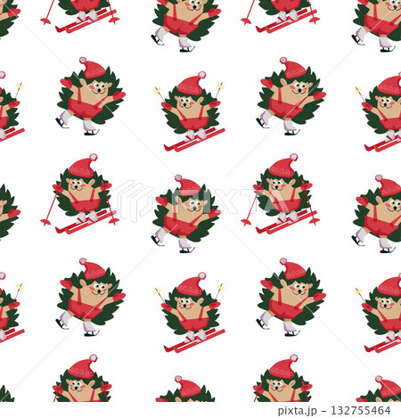 Pattern Hedgehog Christmas skating and skiing 132755464