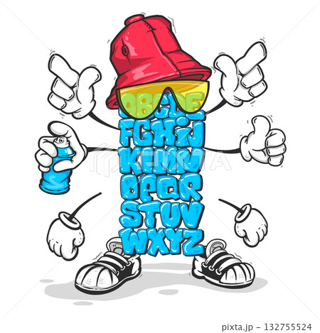 Graffiti bubble alphabet with caps and hand gestures fun urban cartoon font 132755524