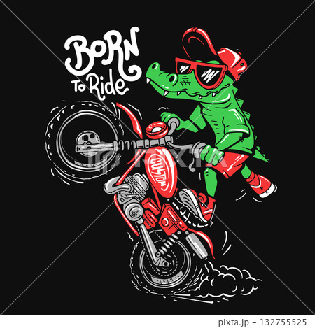 Crocodile doing a wheelie on a motorcycle, cartoon biker wearing a cap and sunglasses, perfect for t-shirt design Crocodile doing a wheelie on a motorcycle, cartoon biker wearing a cap and sunglasses, perfect for t-shirt design 132755525