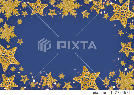 Christmas blue background with Christmas tree decorations with a golden snowflake and star. New Year and Christmas card. 132755671