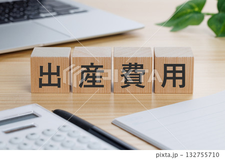 テーブルの上に出産費用と書かれたブロック 132755710