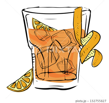 Refreshing citrus cocktail with ice and lemon peel garnish Refreshing citrus cocktail with ice and lemon peel garnish 132755827