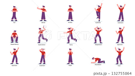 Cartoon characters displaying various emotional expressions and reactions Cartoon characters displaying various emotional expressions and reactions 132755864